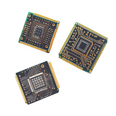 High-resolution image of three microchips, showcasing intricate circuitry and advanced technology, on a white background.