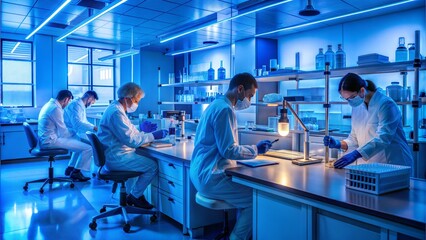Biotechnology lab illuminated by blue light, researchers working on DNA modifications