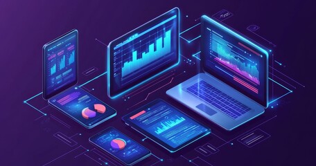 A laptop, tablet, and phone displaying graphs and data, indicating analysis, progress, and digital information.