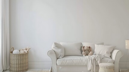 Mockup wall in the childrens room with sofa and doll in light white color wall background