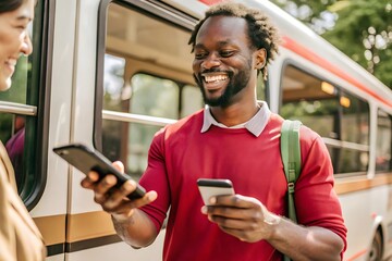 Man checking phone before boarding bus.