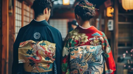 Fototapeta premium A couple in traditional Japanese attire, standing back-to-back, with intricate designs on their kimonos. The woman's kimono is red with gold and green floral patterns.