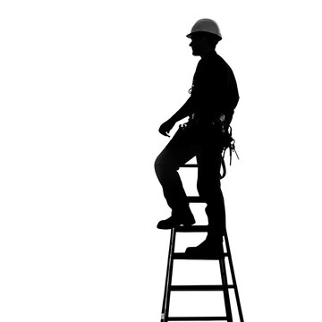 recommend clip art: Silhouette of a construction worker climbing a ladder with safety gear, emphasizing height and work safety precautions.
