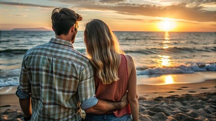 Couple Embracing at Sunset on a Beach.