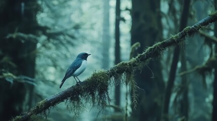 Fototapeta premium Blue Bird Perched on Mossy Branch in Misty Forest