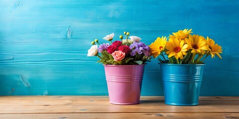 Two colorful buckets with flowers on a wooden table against a blue wall