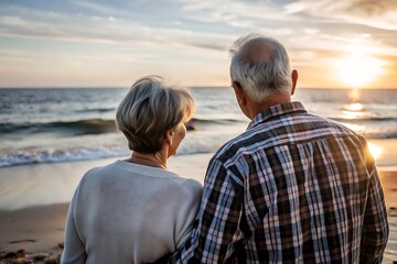 Senior Couple Watching Sunset at the Beach.