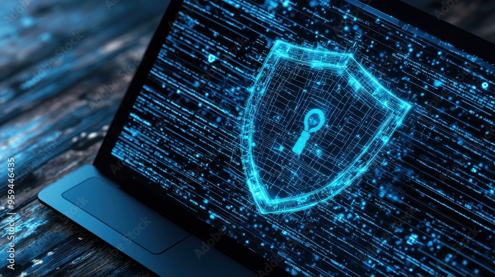 Poster cyber security shield on laptop with code