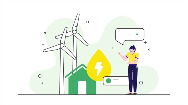 Illustration of renewable energy concept with wind turbines solar power and eco-friendly house business animated video