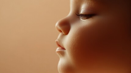 Serene Close-Up Profile of Newborn Baby with Soft Light on Peach Background