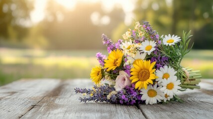 A vibrant bouquet showcasing daisies, sunflowers, and lavender rests on a wooden surface,...