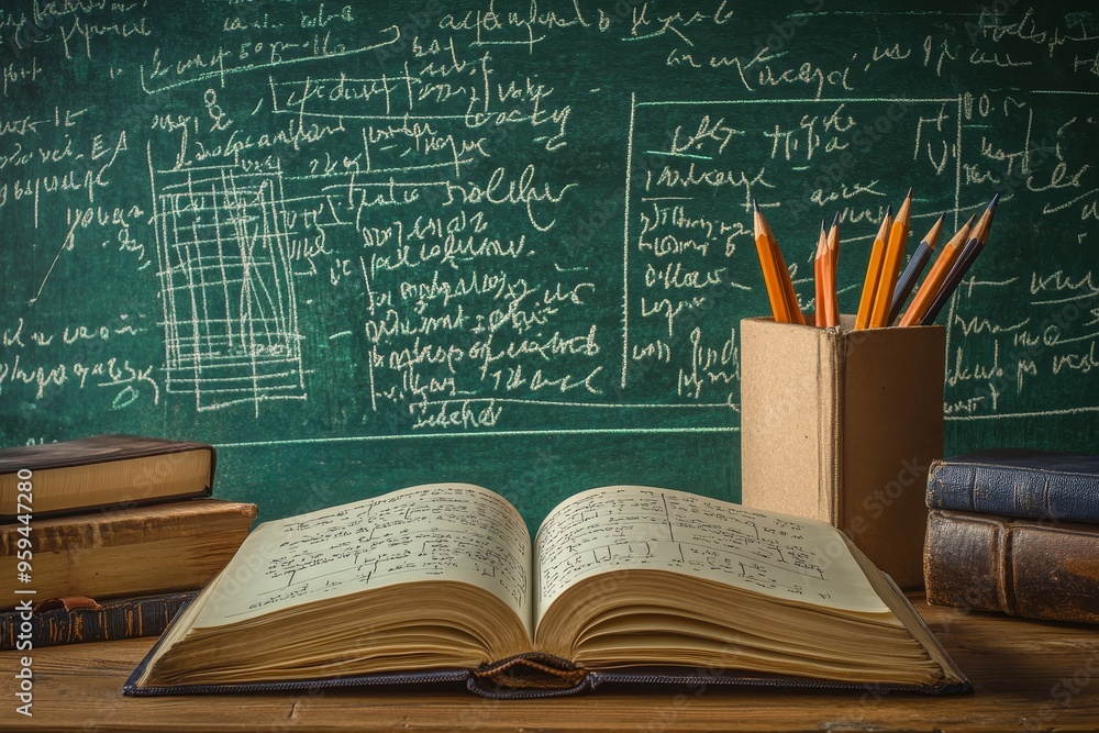 Poster an open book with a stack of books lies on a wooden desk. a chalkboard with hand-written equations a