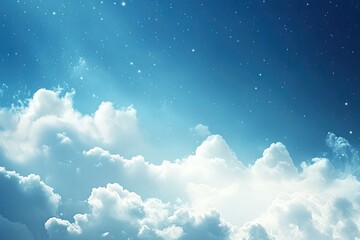 A serene sky captured with fluffy clouds and twinkling stars, evoking feelings of tranquility and wonder in a bright atmosphere.