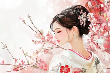 Fototapeta premium A serene woman in a kimono surrounded by cherry blossoms, capturing the essence of beauty and tranquility in nature.