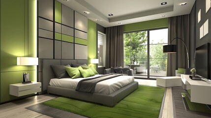 Modern designed bedroom with gray and green colors