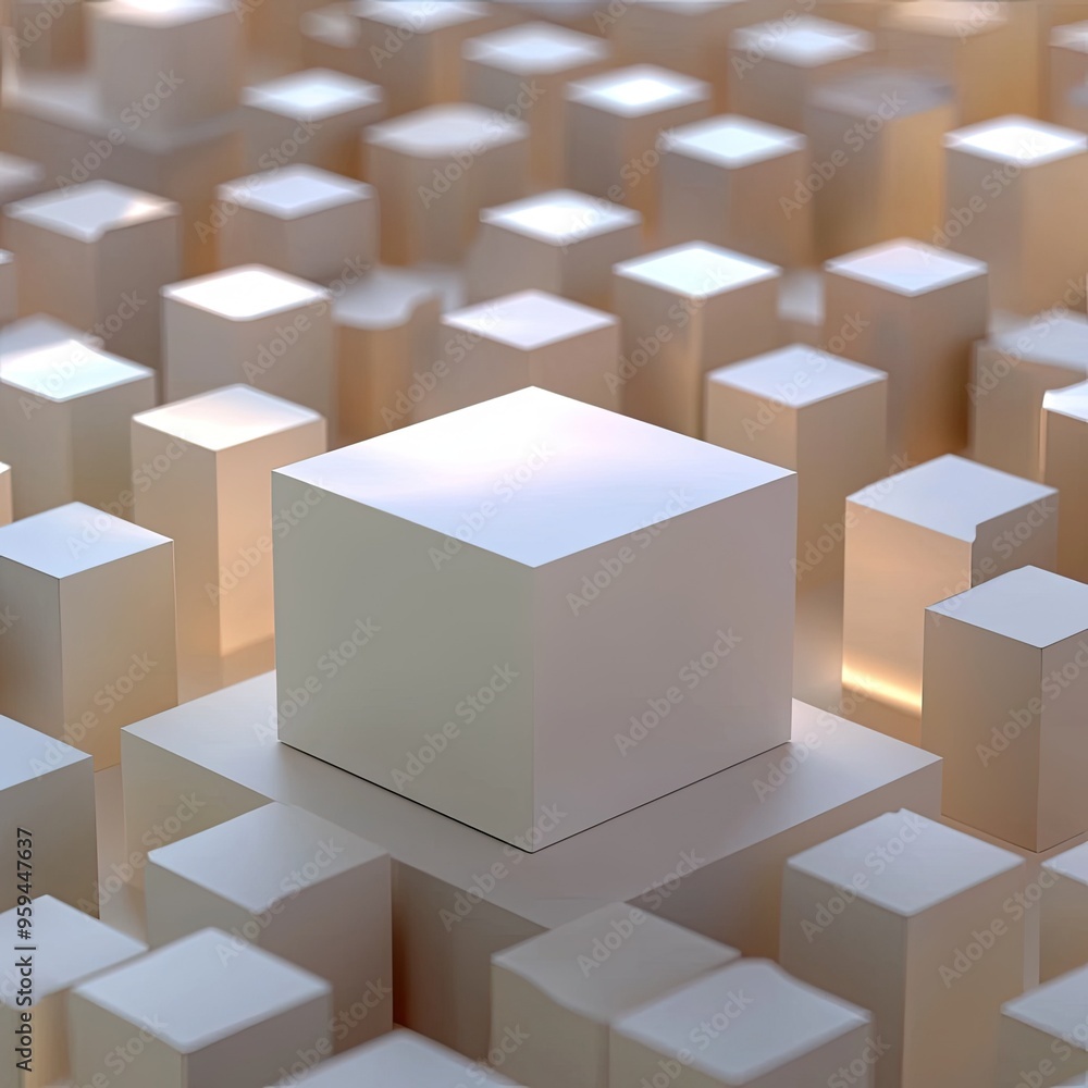 Poster abstract white cubes in a three-dimensional space, creating a modern geometric pattern with a single