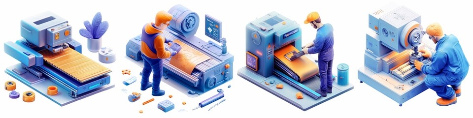 Technicians using advanced industrial machinery for precision manufacturing tasks, focusing on quality control and machine operations.