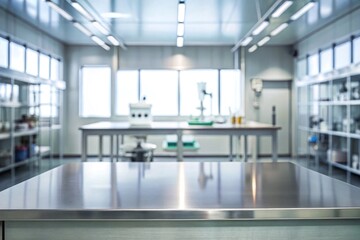 steel top with blurred empty science lab room background can be used for mocking up or display product to make advertising.
