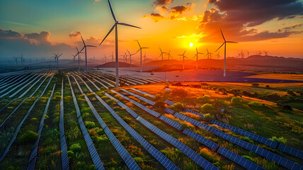 Sunset over wind turbines and solar panels against the horizon captures the atmosphere of sunset, wind turbines generating energy and a peaceful landscape.