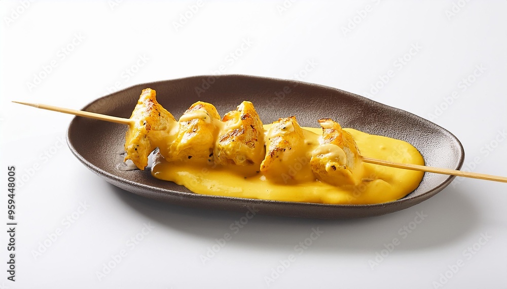 Wall mural yakitori with cheese sauce on white background isolated