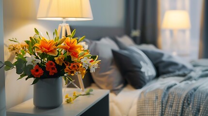Modern interior details cozy bedroom with flowers on the nightstand