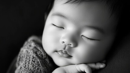 Tender Portrait of Filipino Newborn Baby in Soft Black and White Lighting, Conveying Calm and Innocence
