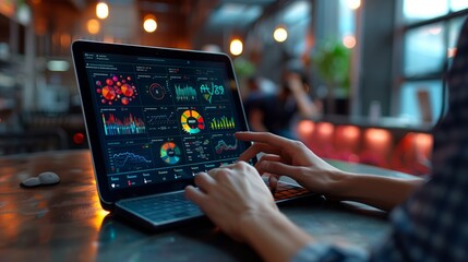 Close-up of hands typing on a laptop showing stock market charts and data in front of a blurred bokeh background, symbolizing financial trading and analysis.