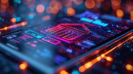 A digital illustration of a futuristic mobile banking interface, showing financial technology concepts with vibrant neon colors and digital elements.
