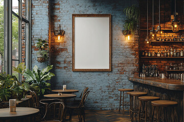 A mockup of a vertical empty poster in a loft bar interior, suitable for design and decoration purposes, or for advertisement and promotion.