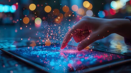 Close-up of a hand operating a high-tech control panel with colorful city lights reflecting in the background, symbolizing technology and innovation.