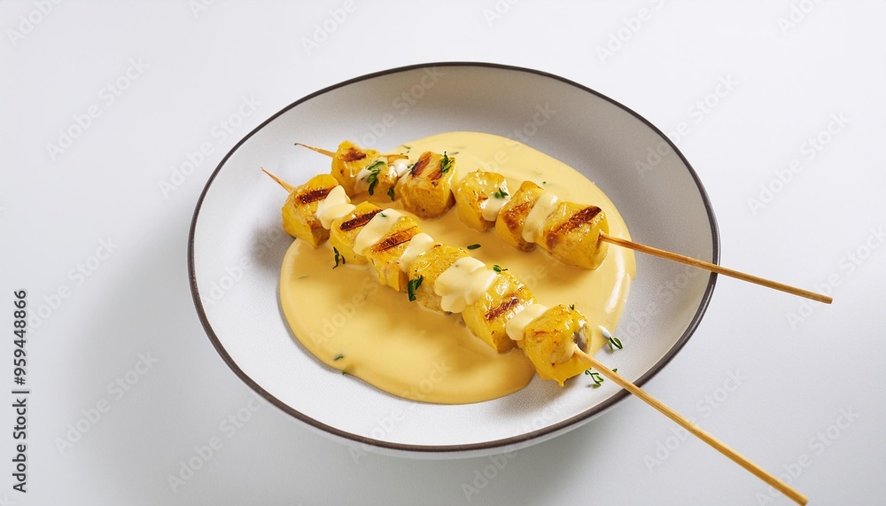 Wall mural yakitori with cheese sauce on white background isolated