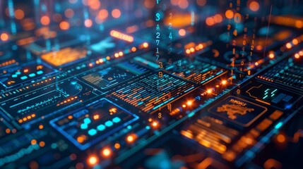 Abstract close-up of a futuristic circuit board with glowing data lines and digital interfaces, representing technology and innovation.