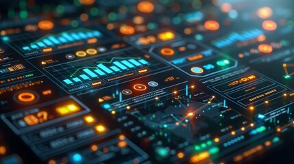 Abstract close-up of a futuristic circuit board with glowing data lines and digital interfaces, representing technology and innovation.