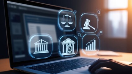 close-up of a laptop keyboard , legal icons including a balanced scale, a magnifying glass, a courthouse, a document, a gavel, and a bar graph.