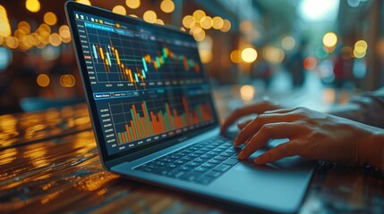 Close-up of hands typing on a laptop showing stock market charts and data in front of a blurred bokeh background, symbolizing financial trading and analysis.