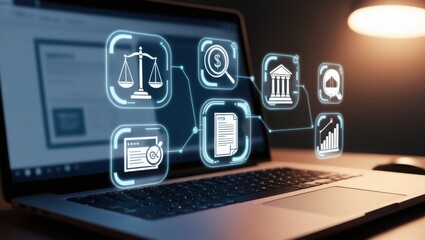 lose-up of a laptop keyboard , legal icons including a balanced scale, a magnifying glass, a courthouse, a document, a gavel, and a bar graph.