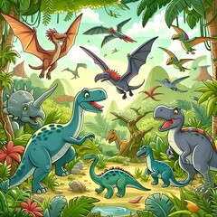 Obraz premium Cartoon-style illustration of dinosaurs and pterodactyls in a lively jungle setting, filled with lush greenery and dynamic characters.
