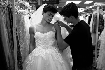 Fototapeta premium LGBTQ person trying on a wedding dress on a wedding dress shop , inclusive ,diversity, love is love 