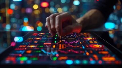 Close-up of a hand operating a high-tech control panel with colorful city lights reflecting in the background, symbolizing technology and innovation.