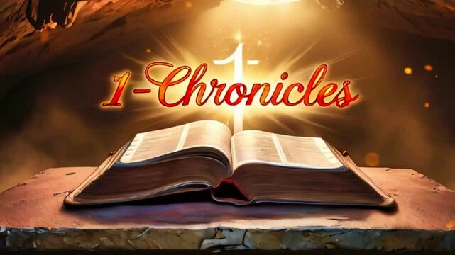 An open bible with the words 1 Chronicles written in a golden font sits on a stone pedestal in a cave with a ray of light shining down from above.
