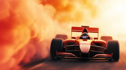 High-speed Formula One race car driving on a track with intense motion blur, generating smoke, under a dramatic orange sky.