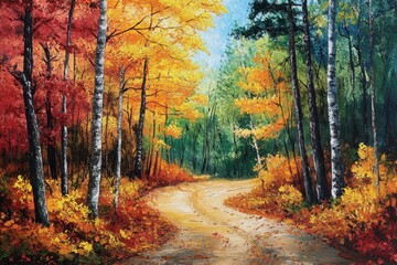 Obraz premium A winding dirt road through a colorful autumn forest with red, orange, yellow and green leaves on the trees.