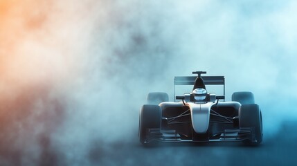High-speed Formula One race car driving on a track with intense motion blur, generating smoke, under a dramatic orange sky.