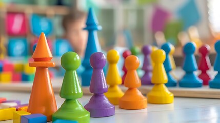Motor skills development stacking and counting game pieces on white table
