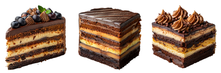 Chocolate cake with layers of chocolate frosting, opera cake isolated on transparent background, generative ai