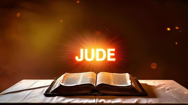 A glowing word 'JUDE' shines above an open Bible laying on a table in a dark cave, with light coming from the opening.