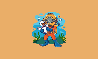 Diver holding a cute duck underwater with seaweed background.