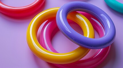 Multi colored plastic rings for learning on the playground isolated on purple and pink background