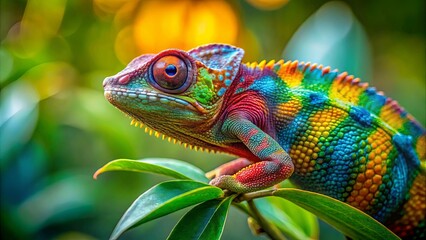 Fototapeta premium Vibrant chameleon perched on leaf with blurred background