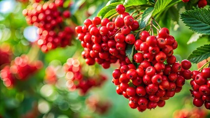 Vibrant red berries on a tree branch with lush green leaves in the background